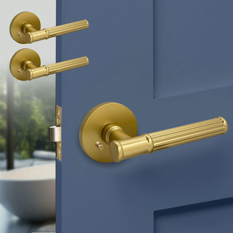 Rio Salto Gold Interior Door Handles Brushed Brass Door Handle Passage Door Handle Interior Privacy Door Handle Bathroom Bedroom Lever Door Handle Metal Push Lock Door Lever - Privacy 3pk 3 Pack Privacy (Push Lock)