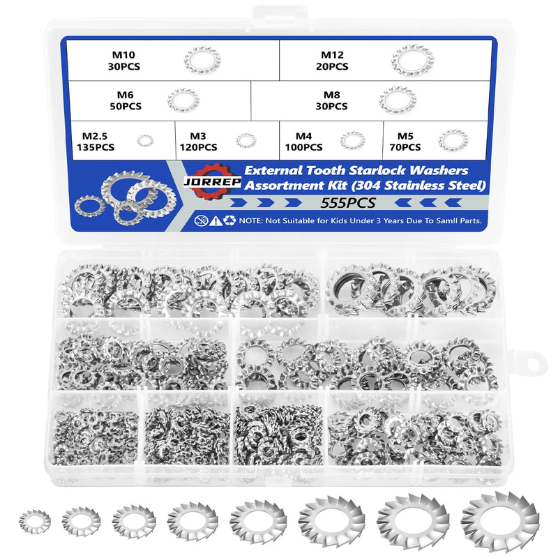 555Pcs External Tooth Lock Washers Assortment Kit, 304 Stainless Steel Metric External Tooth Star Lock Washer - M2.5 M3 M4 M5 M6 M8 M10 M12 for Retaining Clips Fasteners External Tooth Washers-Silver