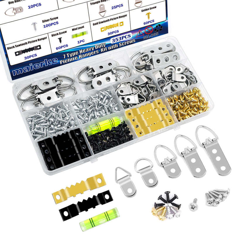 353PCS Picture Hanging Kit,Picture Hangers Heavy Duty Picture Hanging Hooks with Screws,Picture Frame Hooks Heavy Duty Picture Framing Supplies Kit for Picture Hanging(7 Types) Type C