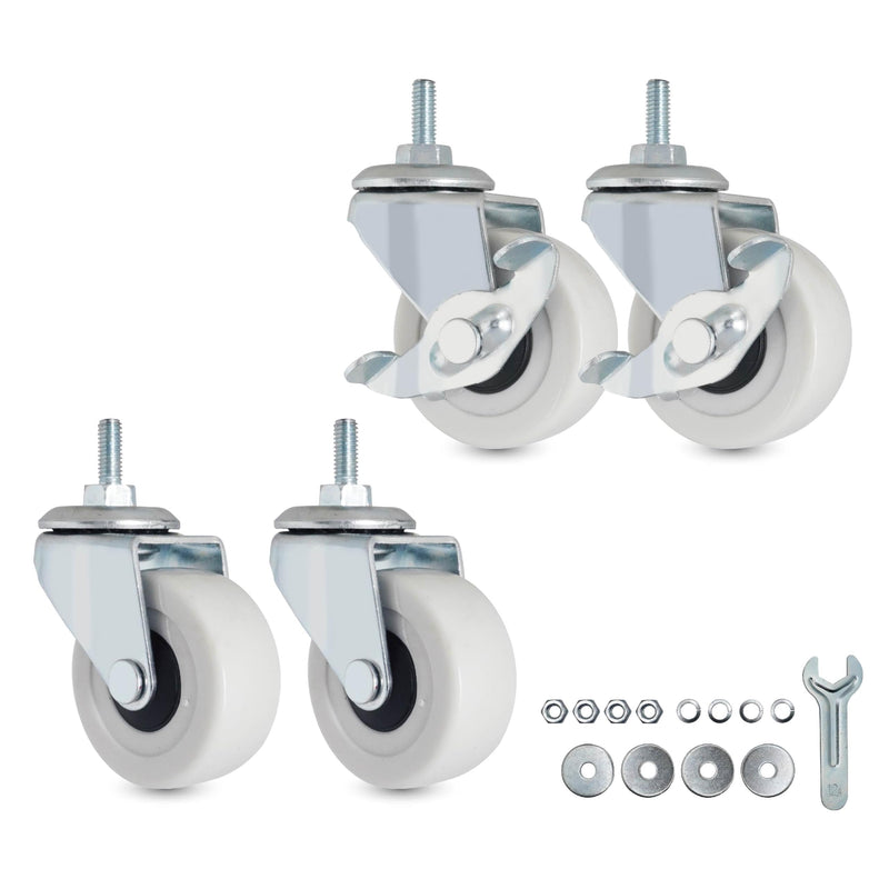 M6 Threaded Stem Caster Wheels, 2 Inch PVC Silent, No Noise and No Scratch Castor Wheels, Replacement for Tiny Shelving, Slide Storage Cart for Office, Kitchen & Laundry Room, Set of 2 Brake 2 Swivel M6x15mm with 2 INCH CASTER