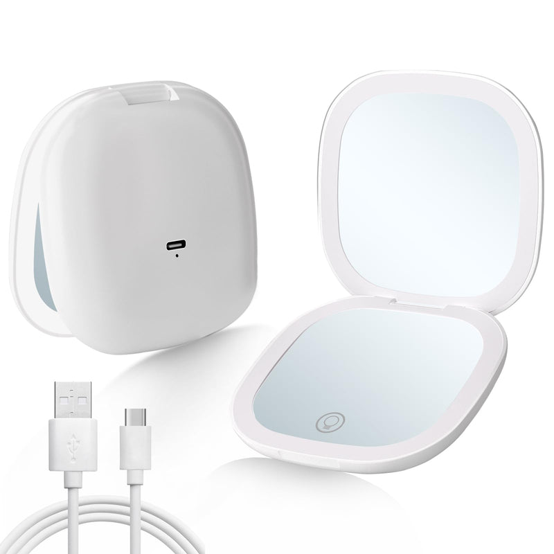 Compact LED Travel Makeup Mirror, Rechargeable Double Sided 1X/10X Magnifying Mirror, 3 Color Lighting, Dimmable Touch Screen, Foldable Lighting Mirror with USB Data Cable White