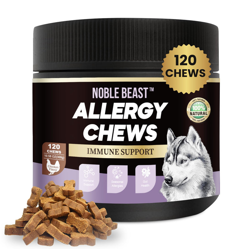 Noble Beast Dog Immune & Allergy Supplement - Itch Relief - Probiotics for Dogs - Skin & Seasonal Allergies - All Natural - Soft Chews with Hemp and Colostrum - Chicken Flavor - 120 Count - PawsPlanet Australia