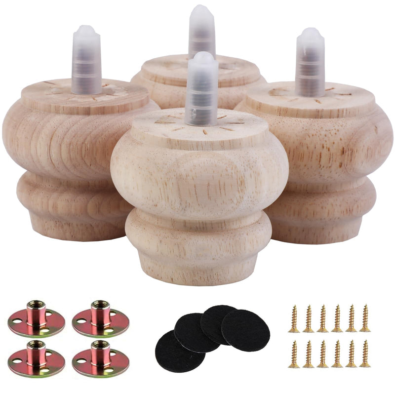 2 Inch Wooden Unfinished Bun Feet for Dresser Legs Couch Sofa Cabinet Ottoman DIY Replacement Wood Furniture Legs Set of 4 M8 Bolt Screw in (2”) 2”