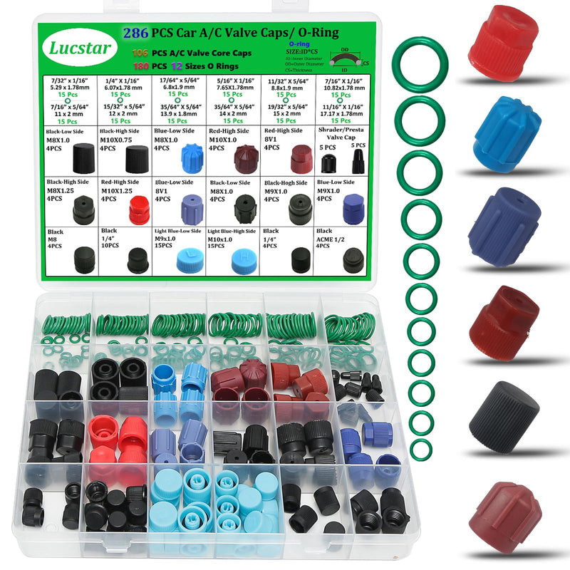 Lucstar 286 PCS Car A/C Caps, R12 R134a Air Conditioning Service System Charging Port Caps, Fuel Pressure Relief Valve Cap, Presta Schrader Valve Cap, AC Low/High Pressure Port Cap Auto Replacement 286PCS