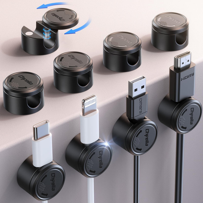 9 Pack Cable Clips, Chfeila Magnetic Cord Holder [360°Rotating Twist-Lock] Cable Management, Adhesive Cord Organizer for Desk, Cable Organizer for Nightstand, Home, Office, Desktop, Car, Wall (Black) Black