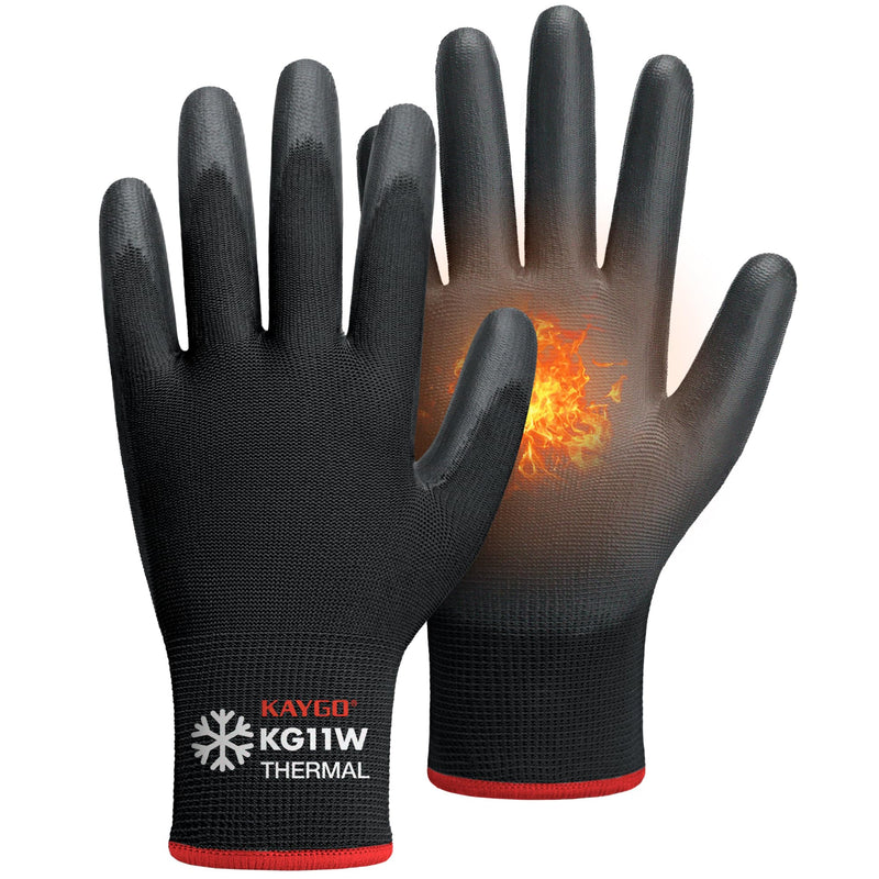 KAYGO 12 Pairs Winter Work Gloves for Men and Women, Thermal Insulated Safety Work Gloves PU Coated, Super Grip,Ideal for Freezer Work,Black,L Black (Thermal) Large