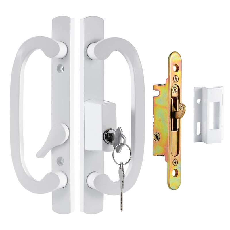 Keyed Sliding Patio Door Handleset, 45° Keyway, 3-15/16" H.C., Fits 1-3/8" to 2" Thick Doors, Non-Handed, White Diecast, Offset Position with Mortise Lock and Keeper｜Off Center Thumb Latch Keyed With Latch Lock+Keeper
