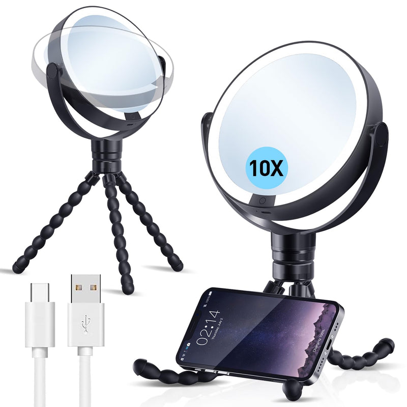 KOOKIN Travel Makeup Mirror with Lights and Magnification 1X/10X, Lighted Makeup Mirror, Rechargeable, 3 Color Lighting, Dimmable, 360° Rotation, Double Sided, Hanging Handheld Mirrors (Black) Black