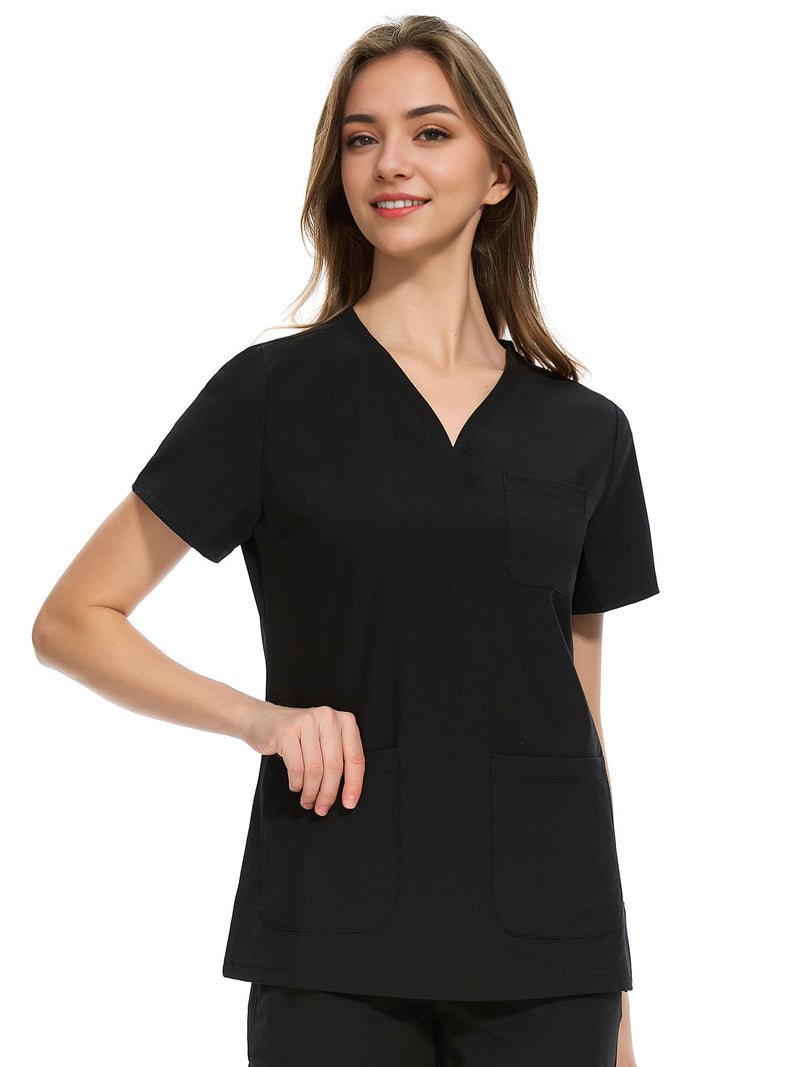 COZYFIT Medical Scrub Tops for Women - Soft Stretch,Curved V-Neck Scrub Tops with 3 Pockets Black X-Large