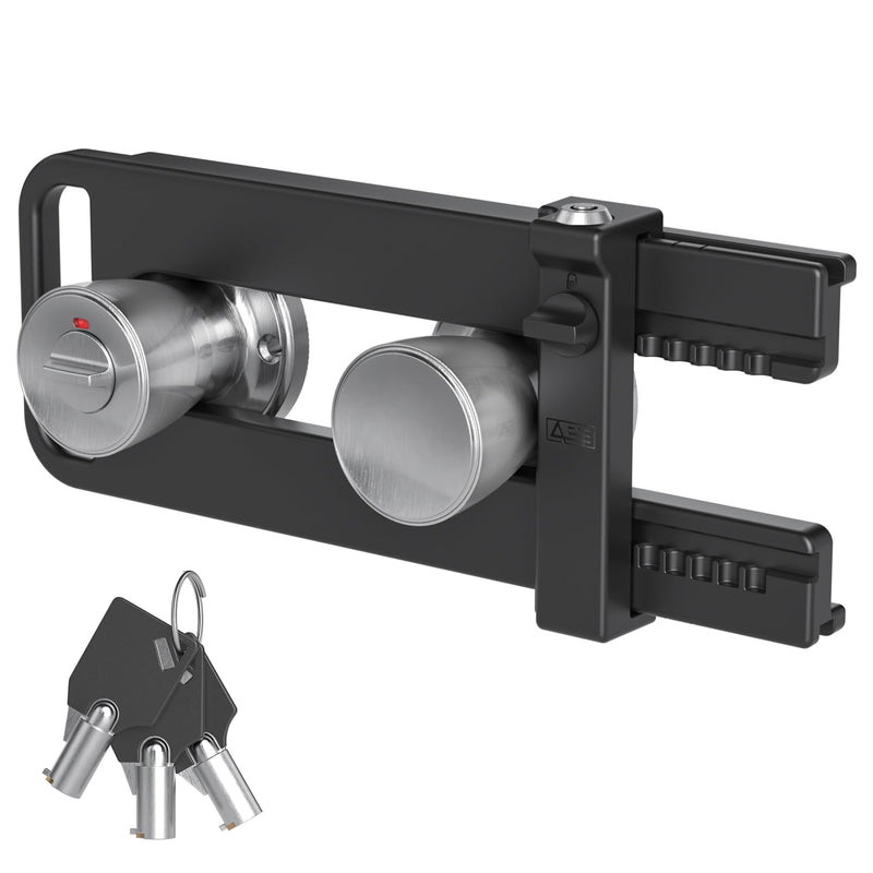 AST Double Door Security Lock, French Door Lockout Device with Keys, Reinforcement Lock for Knobset and Handleset, Prevent Kick Ins, Kids Proof Barricade, Matte Black with snib and Cylinder