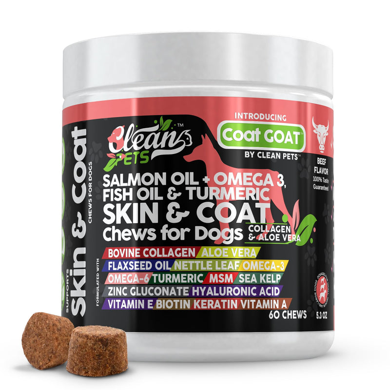 Salmon Oil Omega 3 Fish Oil for Dogs Skin and Coat Supplement | Dog Collagen Aloe Vera Biotin Keratin Flaxseed Nettle Leaf Sea Kelp Hyaluronic Acid Brewers Yeast Vitamin A -Coat Goat by Clean Pets 60 Count (Pack of 1) - PawsPlanet Australia