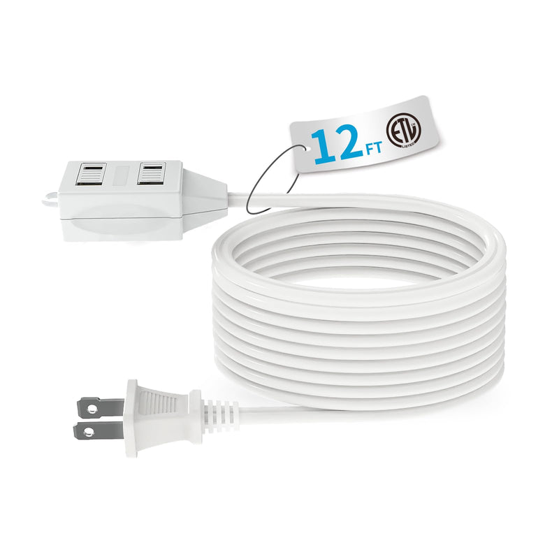 Indoor Extension Cord, 2 Prong 12 Feet Extension Cord, 3 Polarized Outlets with Safety Slide Windows,13A/1625W, 16 AWG 1