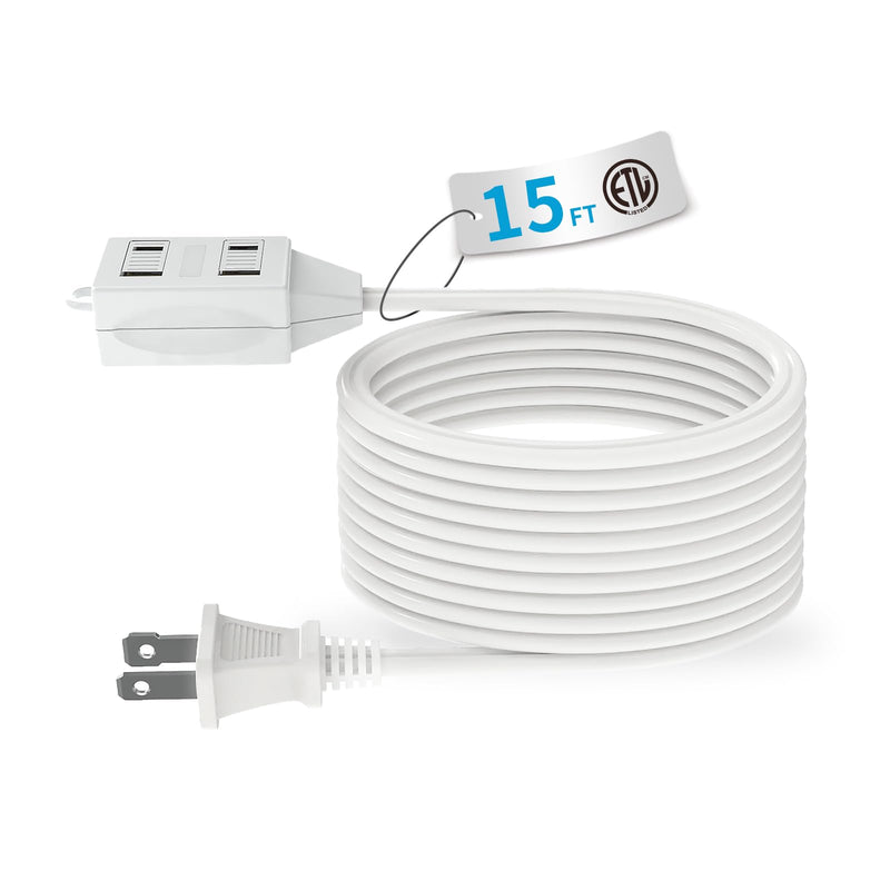 Indoor Extension Cord, 2 Prong 15 Feet Extension Cord, 3 Polarized Outlets with Safety Slide Windows,13A/1625W, 16 AWG 1