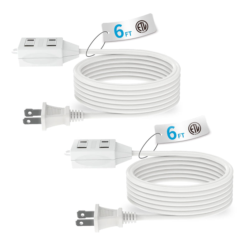 Indoor Extension Cord, 2 Prong 6 Feet Extension Cord, 3 Polarized Outlets with Safety Slide Windows,13A/1625W, 16 AWG, 2 Packs
