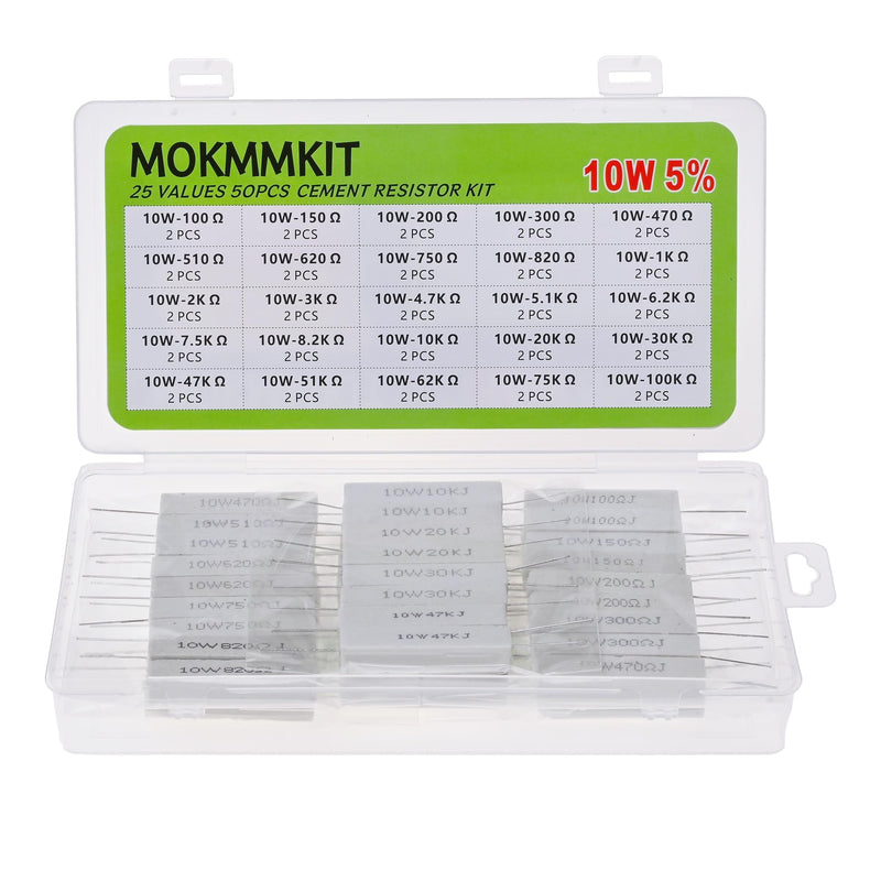 25 Values 50 Pieces Ceramic Cement Resistor KIT 10W Resistance 10 Watt ±5% Power Resistors (100 Ohm - 100K Ohm) 10W-100 ohm-100K ohm