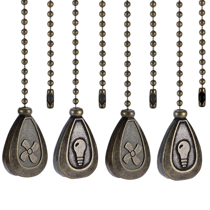 4 Pack Bronzed Ceiling Fan Pull Chain Extension, 12 Inches Classic Drop Shaped Pendant Pull Chains for Ceiling Fans and Lights, Decorative Fan Pulls Extenders with Connector (2 Light and 2 Fan)