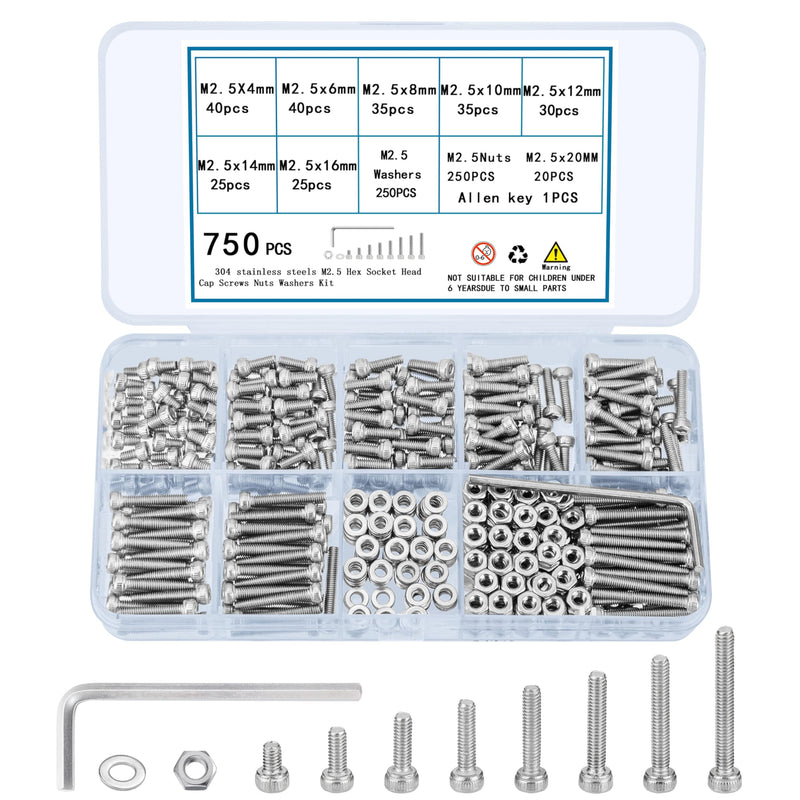 750 Pcs M2.5 Screws and Nuts and Washers Set, Metric Hex Socket Head Cap Screws Nuts Washers Kit, Stainless Steel Bolts and Nuts Kit, Machine Screws Assortment Kit, Fully Threaded Hex Nuts 750