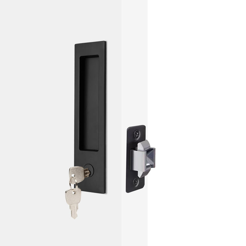 Dontay Pocket Door Handle, Modern Rectangular Keyed Entry Function, (Bed/Bath) Pull Latch, Recessed Sliding Door Hardware for 1 3/8” to 2 3/16” Thickness (Keyed Entry Lock, Matte Black, 1 Pack) Keyed Entry Lock