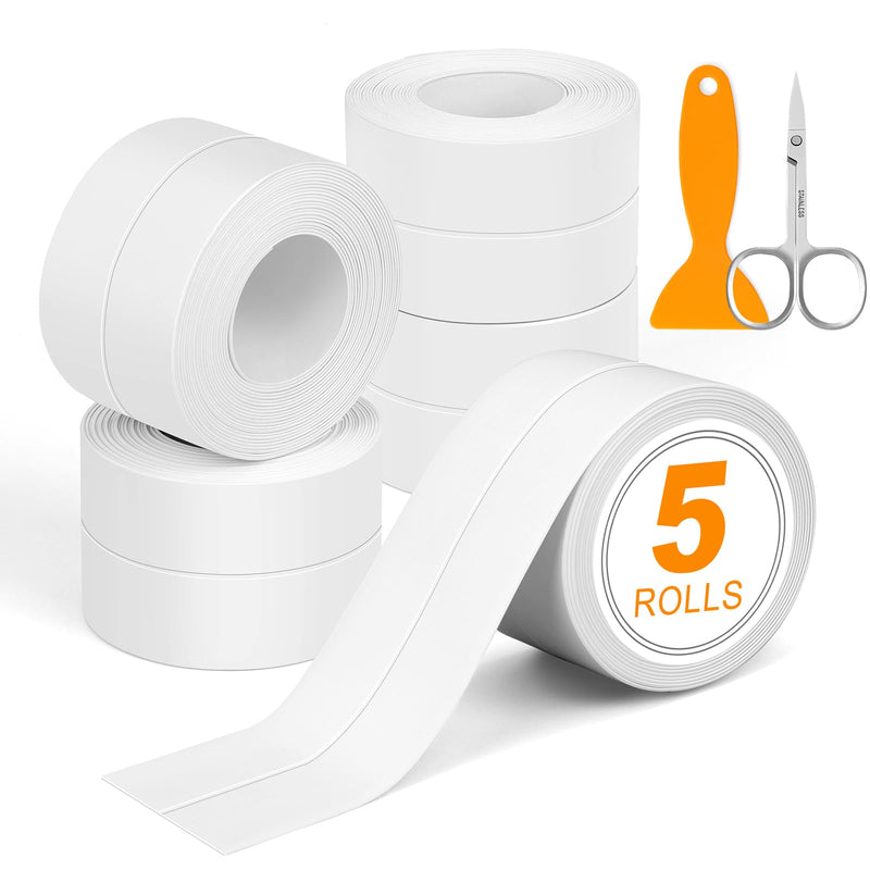 White Caulk Tape,5 Rolls Caulk Tape Waterproof Self Adhesive, Toilet Caulk Strip,Caulk Tape for Bathtub, Kitchen, Countertop,Sink,Wall Tile Edge Peel and Stick Caulk Sealing Tool (1.5" x10Ft)