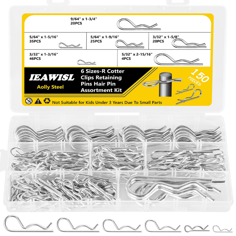 150PCS Cotter Pins, Cotter Pin Hairpin Assortment Kit, R Clip Key Fastener Fitting Set - 6 Sizes Zinc Plated Carbon Steel Hardware Pins for Automotive, Machinery, Lawn Mowers, and DIY Projects 150Pcs R Clips