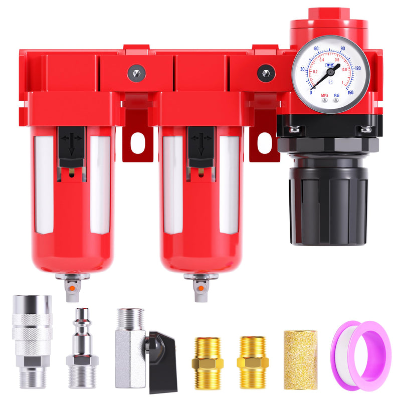 TAILONZ PNEUMATIC 3/8 Inch NPT 150PSI 3 in 1 Air Filter Pressure Regulator Combo Piggyback, Air Tool Compressor Filter, 5 Micron Filter Element(Manual Drainage)