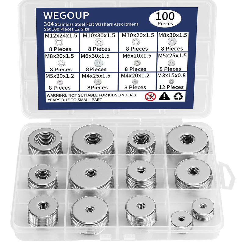 18-8(304) Stainless Steel Metal Flat Washers for Screws and Bolts, 100 Pieces Assorted Washers Kit (12 Sizes M3-M12), Large and Small Hardware
