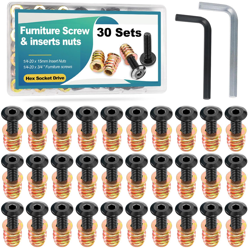 Twidec/30 Sets 1/4-20x15mm Threaded Inserts for Wood Furniture Screw Nut Kit Bolt Fastener Connector with 1/4-20x20mm Screw-in Nuts and Hex Wrench N-083-30set