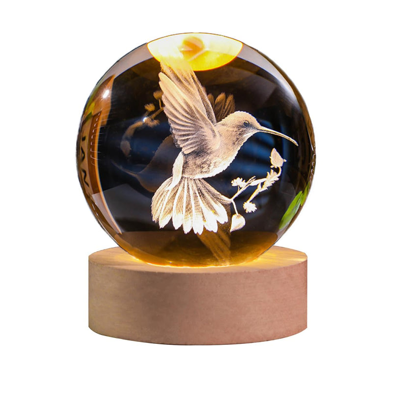 3D Laser Engraved Bird Crystal Ball with LED Stand, 60mm Hummingbird Figurine Lamp Night Light, Glass Hummingbird Globe Paperweight Gift Clear_bird
