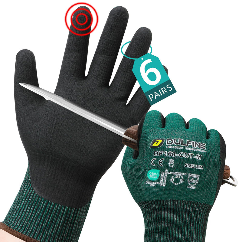 DULFINE ANSI A4 Cut Resistant Work Gloves for Men,6 Pairs Pack.Touchscreen Micro Nitrile Coated,Anti-Slip & Durable for Construction, Wood Cutting,Glass Factory Industrial Use(Small) Small（Pack of 6）