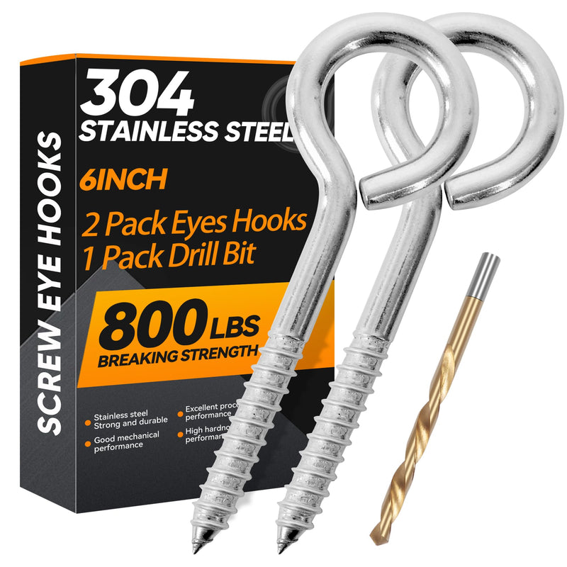 2Pcs 6 Inch Heavy Duty Screw Eyes Hooks, 304 Stainless Steel Self Tapping Eyelet Screw Eye Bolts,800LBS Breaking Strength, Screw in Eye Hooks for Wood Securing Cables Wire. (2, M10-6 Inch) 2