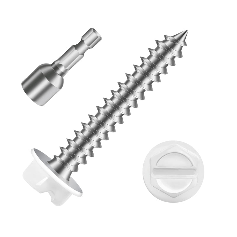 #8 x 3/4" White Painted Hex Washer Head Self Tapping Screws, Self Piercing Gutter Screws, Socket Bit Included, 100 PCS #8 x 3/4"