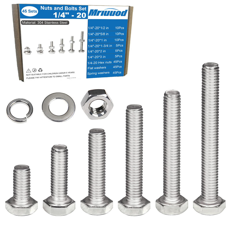 1/4-20 Hex Bolts Set, 1/4"-20 Thread 6 Sizes 3" 2" 1-3/4" 1" 5/8" 1/2" Long 180Pcs 1/4-20 Hex Bolts, Hex Nuts, Flat Washers, Spring Washers SAE 304 Stainless Steel 1/4-20 nuts and bolts set