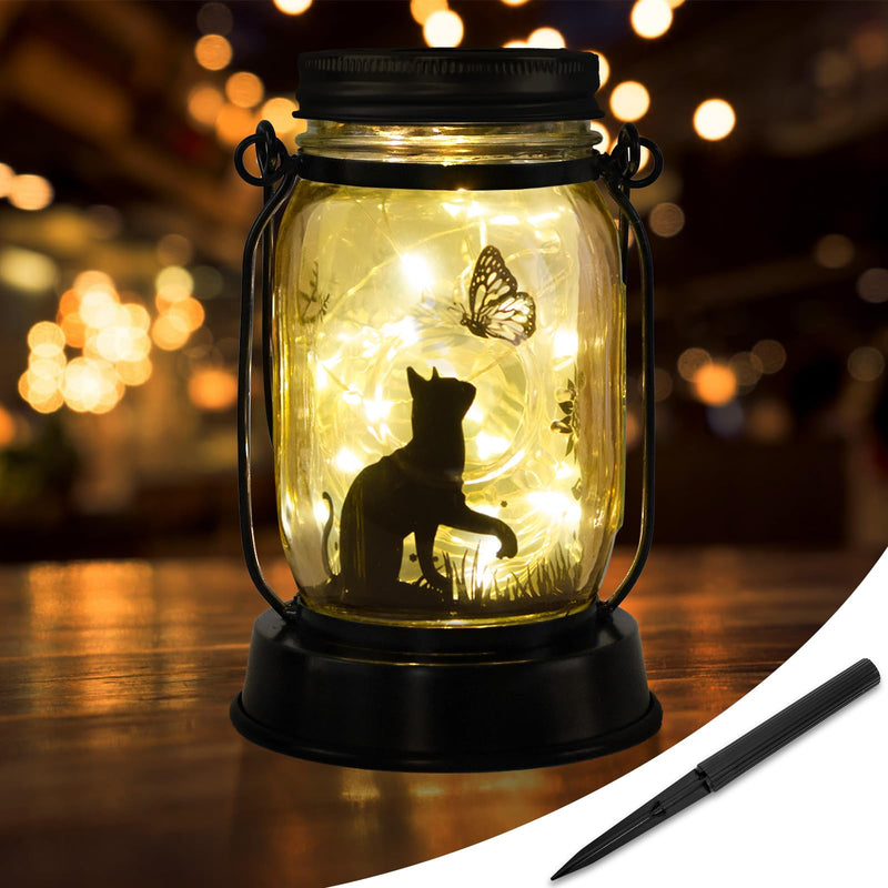 Cat Solar Lanterns 3-in-1 Cat and Butterfly Solar Lights Outdoor Decor Cat Lover Gifts for Women Men Cat Lovers Gifts Hanging Cat Lanterns with Stake for Yard Lawn Garden Decor Black Cat Lantern