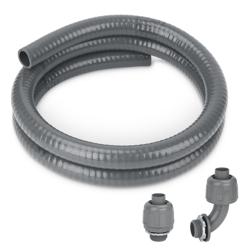 Electrical Conduit Kit 1/2'' 4FT Grey Electrical AC Whip Kit, Liquid-Tight Flexible Electrical Conduit with 90 Degree and Straight Connector Fittings 1/2inch 4ft