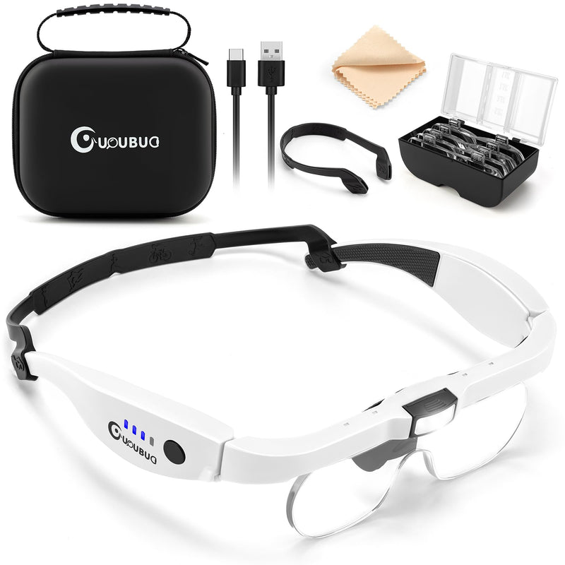 Magnifying Glass with Light, 1.5X-5.0X Magnifying Glasses, Rechargeable Magnifier Headset with Light, Head Magnifier with 4 Detachable Lenses, Magnify Glasses for Close Work Crafts Jewelry White Magnifying Glass With Carry Case