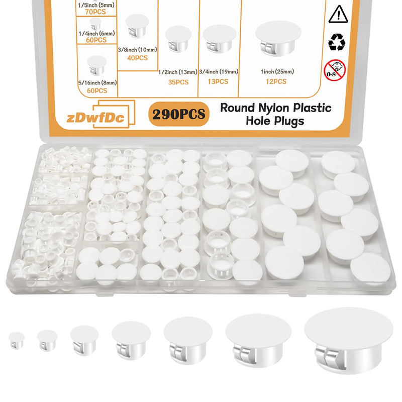 290PCS 7 Sizes Plastic Plugs for Round Holes Nylon Plastic White Hole Plugs, 1" 3/4" 1/2" 3/8" 5/16" 1/4" 1/5" Hole Cover Snap Locking, Used for Plastic Furniture, Cabinet Furniture DD015-w