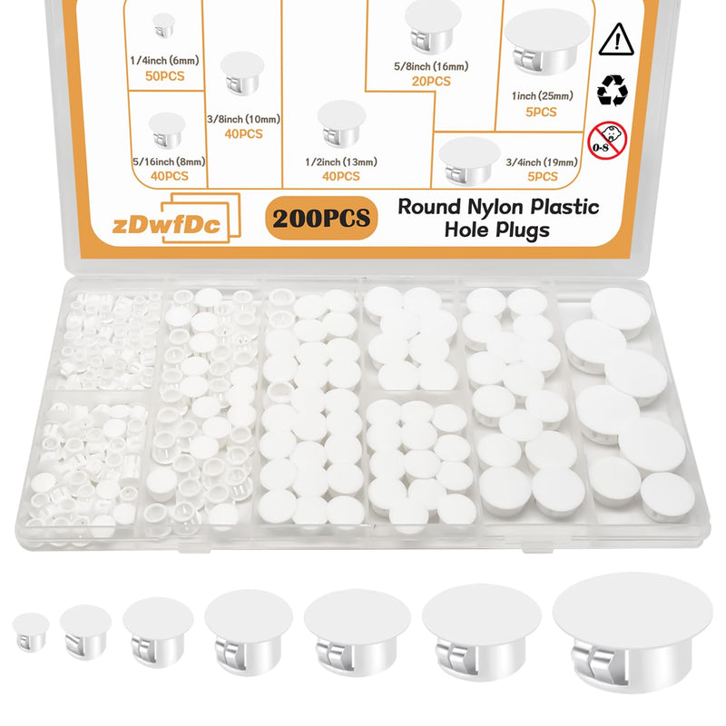 200PCS 7 Sizes White Hole Plugs Nylon Plastic Plugs for Round Holes, 1" 3/4" 5/8" 1/2" 3/8" 5/16" 1/4" Round Hole Plug Hole Cover Snap Locking, Used for Plastic, Cabinet Furniture DD016-w