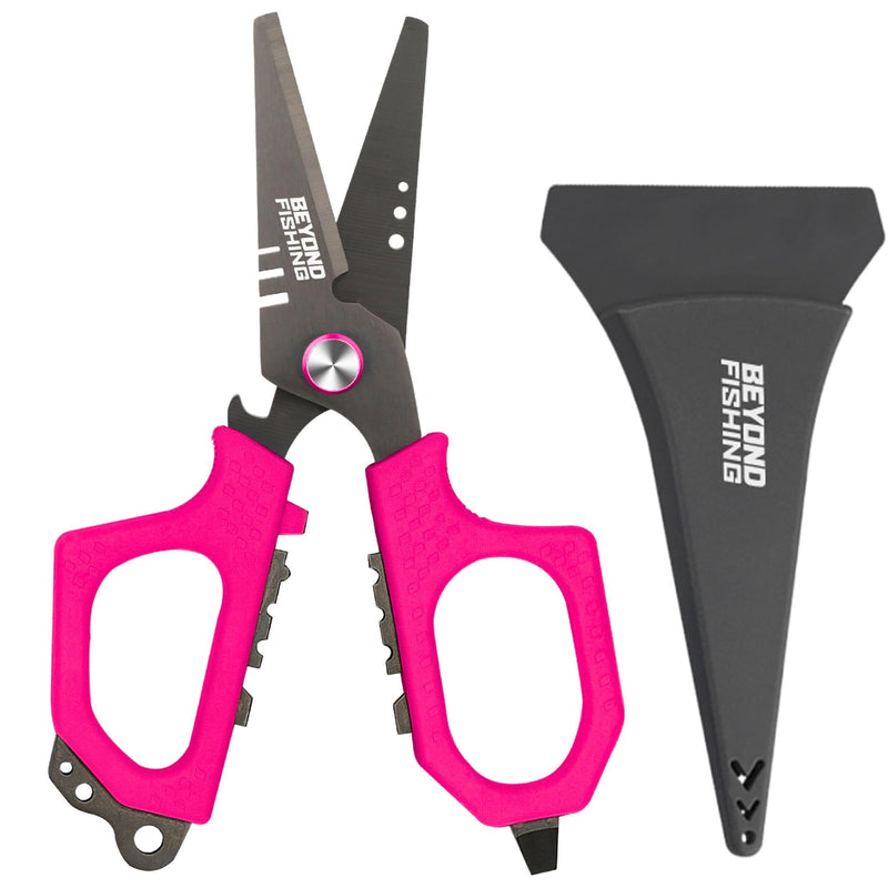 Beyond Fishing 6.5" Pro Fishing Shears Dual Serrated Blades, Fishing Braided Line Scissors With Titanium Coating, Non-Slip Grip & Multifunction Tool, Includes Hard Molded Locking Sheath Pink