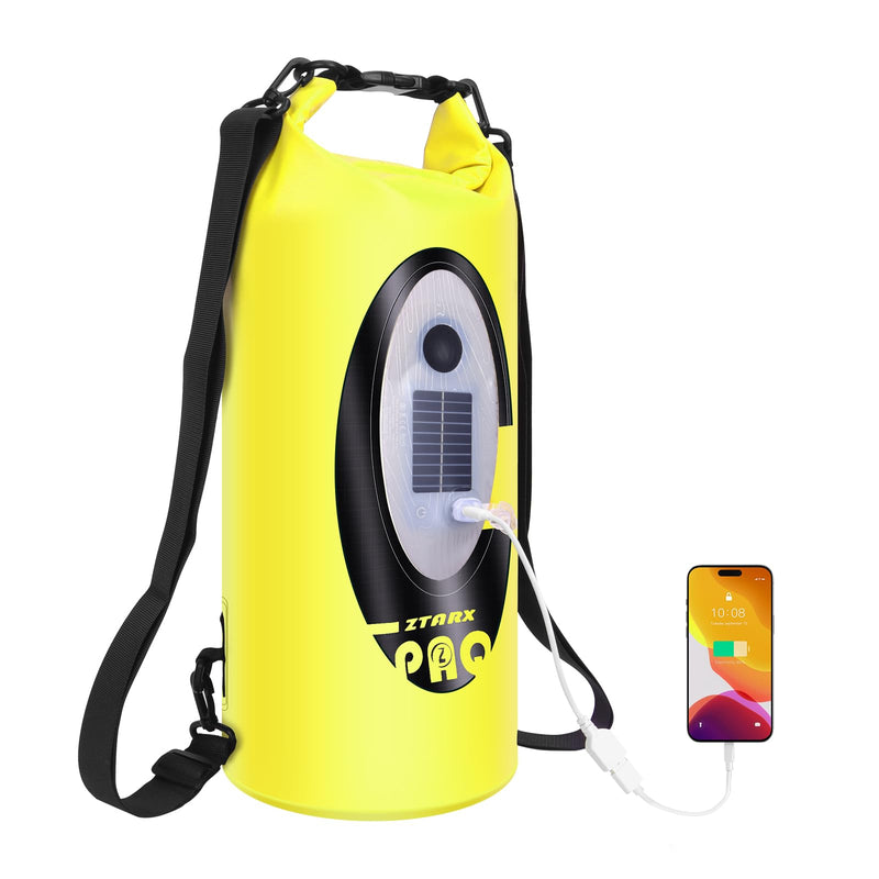 FELICON Waterproof Dry Bag Backpack with Bluetooth Speaker, 10L Roll Top Floating Sack, Solar & USB-C Powered Emergency Charger, RGB Light, Heavy Duty PVC for Kayaking Camping, Neon Yellow