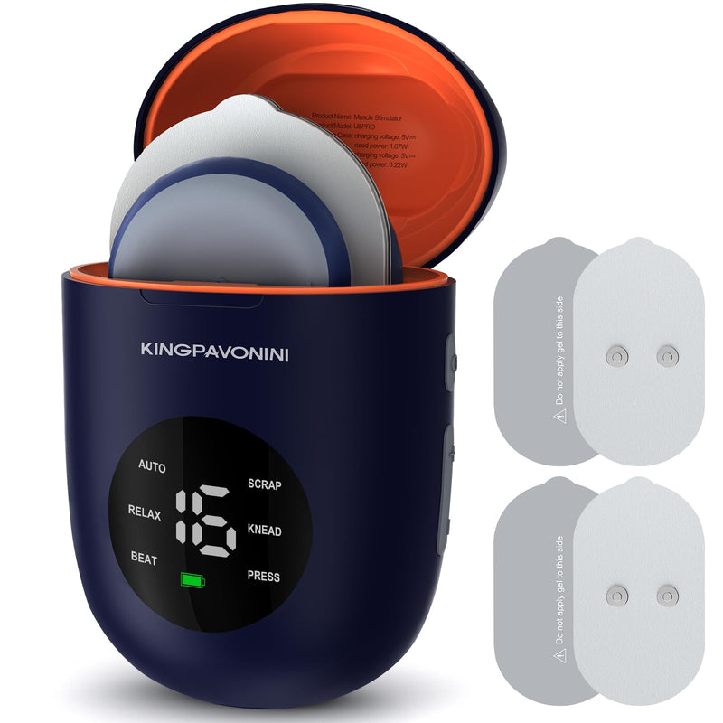 KingPavonini Wireless TENS Unit, Muscle Stimulator for Pain Relief, Portable Rechargable TENS EMS Machine, LED Screen, Remote, Dual Channel 6 Modes 16 Intensity Massager, Charging Case (4 Pads) Blue