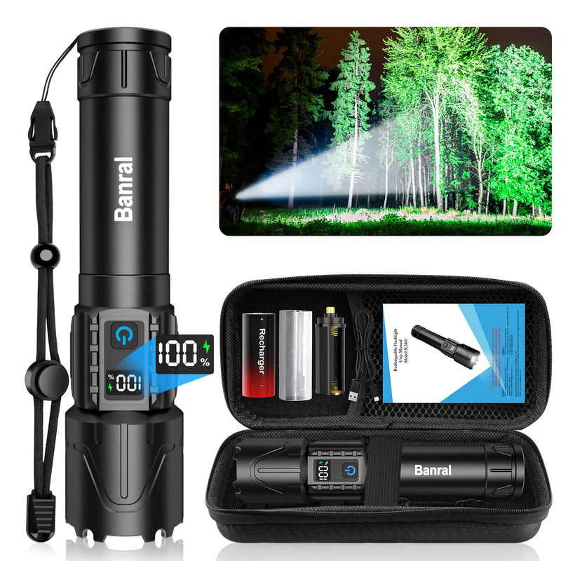 Banral Rechargeable Tactical Flashlights 2000 High Lumens - 5000mAh Super Bright LED Powerful Flash Light, Waterproof Handheld USB C Flashlight for Home,Car,Camping,Emergencies,5 Modes (1, Black) 1