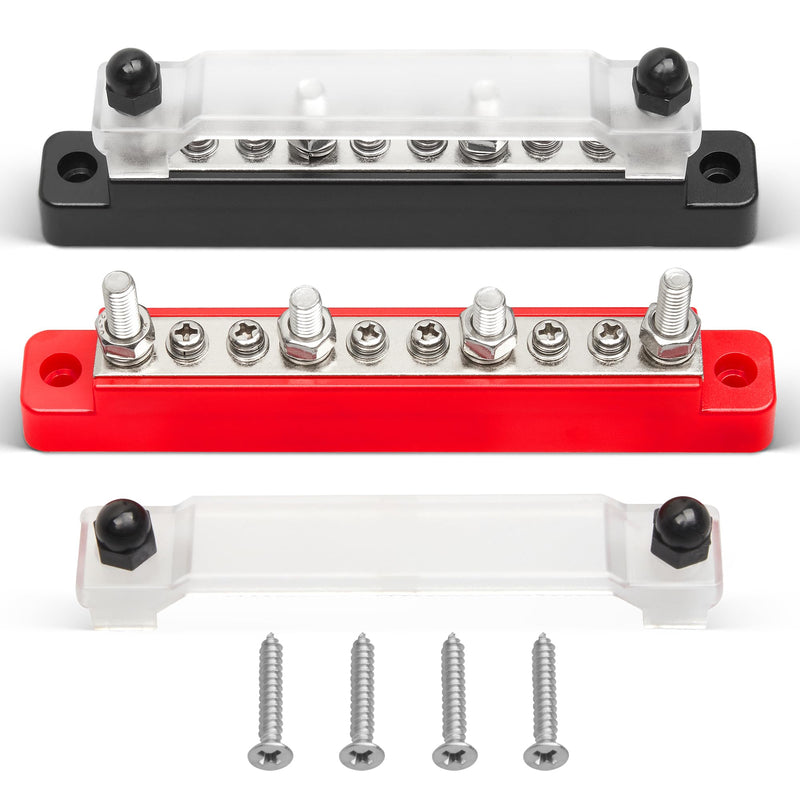 RED WOLF 150A 12V Bus Bar with Cover, 4 x 1/4" (M6) 6 x #8 (M4) Studs Power Distribution Terminal Block 48V DC Car Boat Marine Solar System (Black+Red)