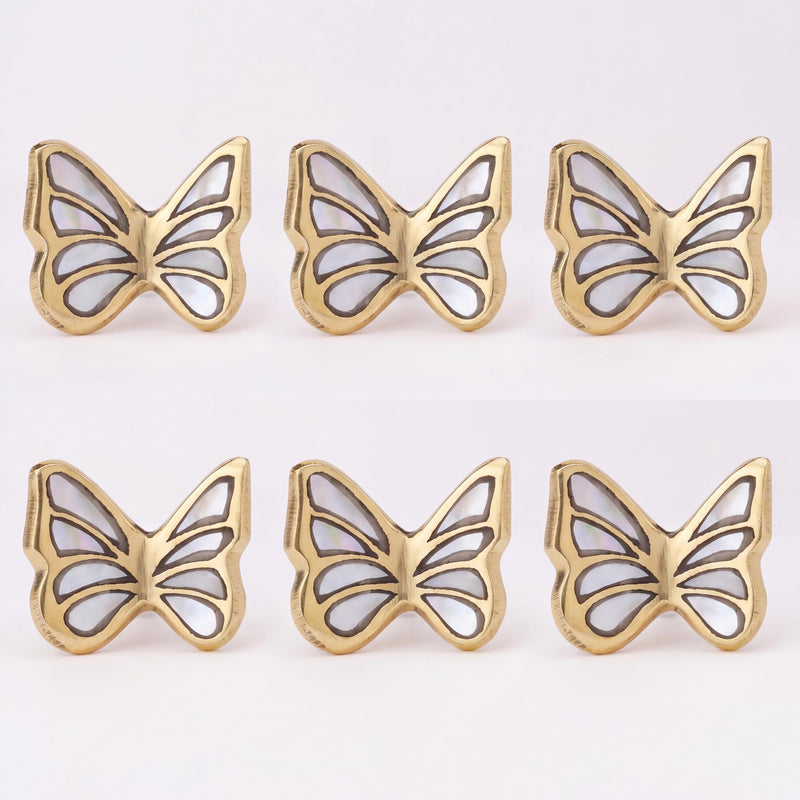 Indian Shelf 6 Pieces Butterfly Cabinet Knobs Handmade Brass Mother of Pearl Inlay Gold Finish Decorative Dresser Pulls for Kids Nursery Wardrobe Cupboard Vanity Drawer Furniture Hardware
