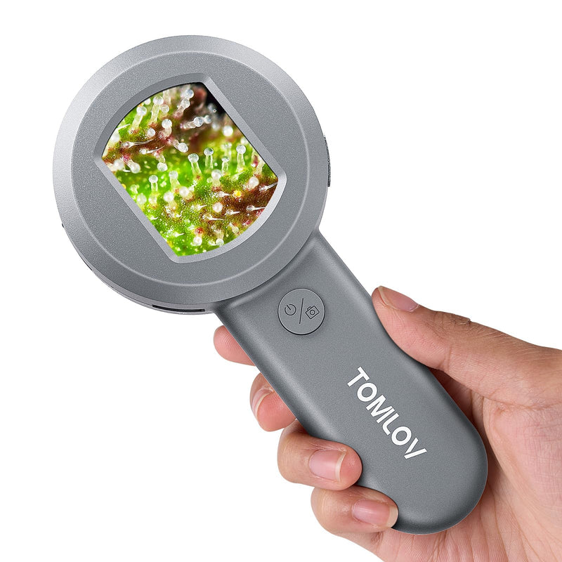 TOMLOV P10 Microscope for Adults Kids, Portable 100X Illuminated Jewelers Loupe, Handheld Coin Magnifier with Light for Collectors, Pocket Trichome Magnifying Glass, Digital Microscope with 2" Screen Grey
