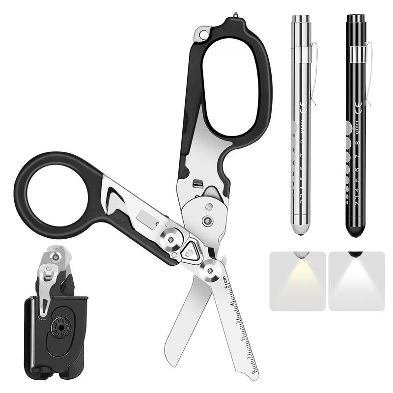6 In 1 Multi-function Trauma Shears Foldable with Compatible Holster and Penlights,Emergency Rescue Shears with Strap Cutter and Glass Breaker for Outdoor Medical Scissors Tools Black