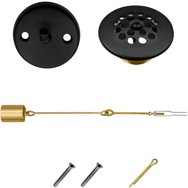 Tub Drain Linkage Assembly with Trip Lever, Bathtub Overflow Stopper Switch Hardware, Bathroom Trim Kit Cover Replacement (Two-Hole Faceplate + Strainer)