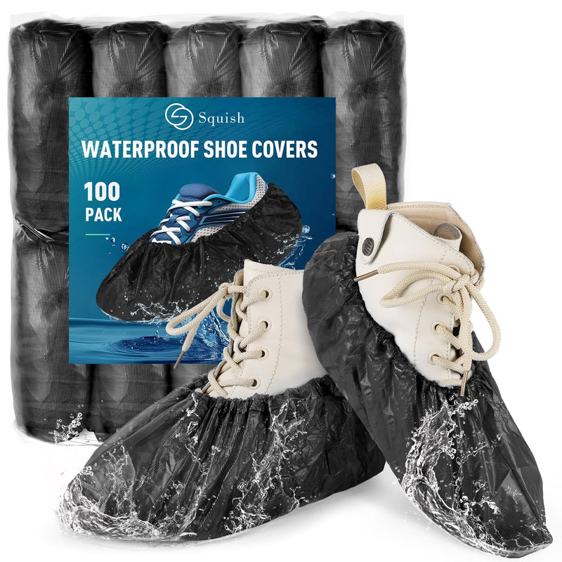 squish Shoe Covers Disposable Non-Slip, 100 Pack 6g Thick Booties Cover, Waterproof Slip Resistant Disposable Shoe Covers Durable Protector Covers for Indoors and Outdoors Fit Up to 13 Size (Black) Black