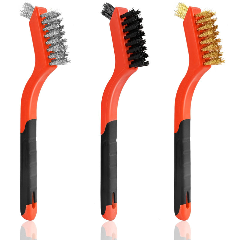 3pcs Wire Brushes for Cleaning Rust, Upgrade Wire Brush Set - Brass/Stainless Steel/Nylon Bristles, Small Metal Wire Brush with Curved Handle Grip, Wire Brushes for Paint and Stain, 7 Inches