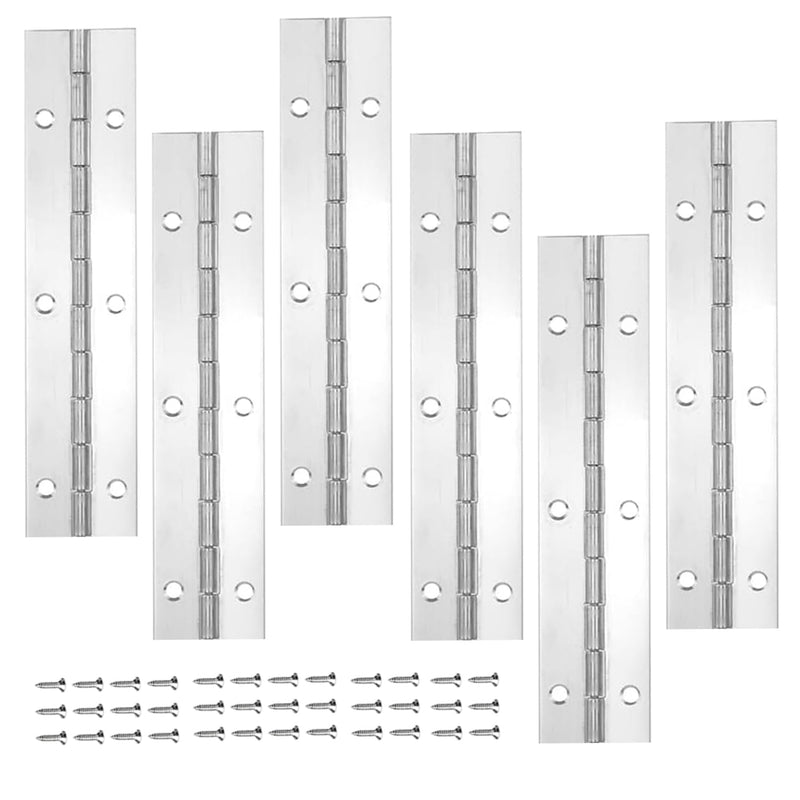 6Pack Silver Continuous & Piano Hinges 1.2" Open Width X 0.04" Thickness X 6'' Heavy Duty Piano Hinges with Hole Polished Stainless Furniture Hinges for Boats Cabinets Storage Box,36 Screw Included 6IN-6pcs-1.2in
