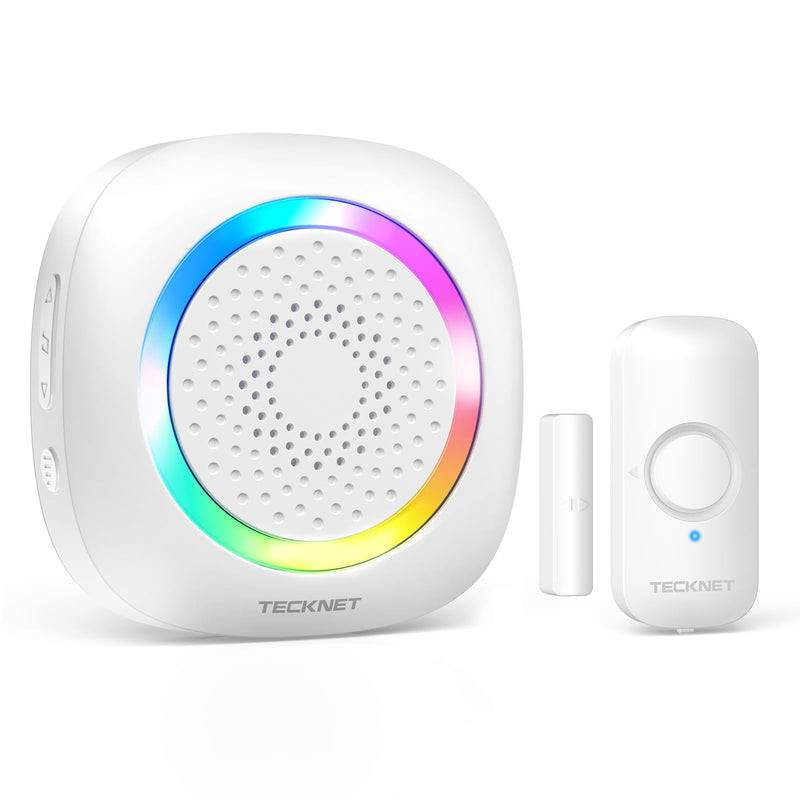 TECKNET Door Chime When Door Opens, Wireless Door Sensor Alarm Chime with 1000Ft Range, 61 Songs, 5 Volume Levels, RGB Light, Door Bells Chimes for Business/Store/Home/Office Entry Security Alarm 1 Receiver+1 Sensor White